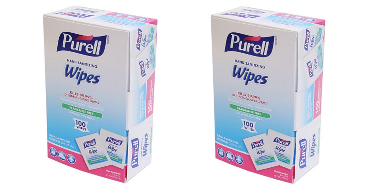 GOJO : PURELL Premoistened Sanitizing Hand Wipes, 5 x 7, 100/Box : Sold as 2 Packs of 100 / Total of 200 Each