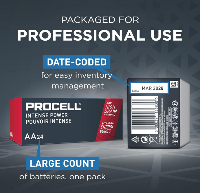Procell Alkaline Intense Power AA, 1.5V Batteries Pack of 24