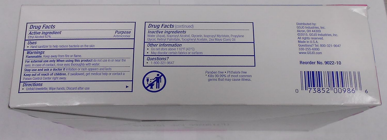 GOJO : PURELL Premoistened Sanitizing Hand Wipes, 5 x 7, 100/Box : Sold as 2 Packs of 100 / Total of 200 Each