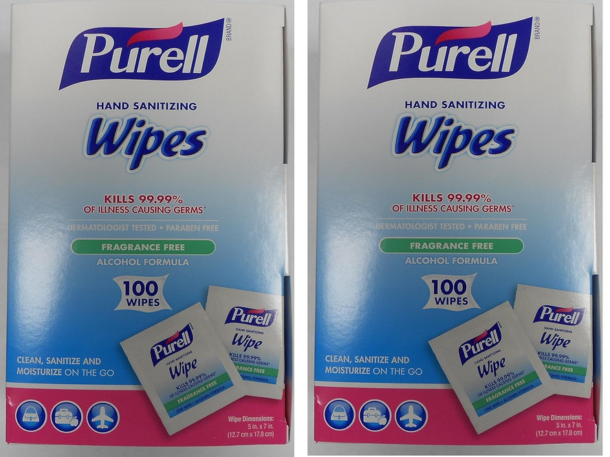 GOJO : PURELL Premoistened Sanitizing Hand Wipes, 5 x 7, 100/Box : Sold as 2 Packs of 100 / Total of 200 Each